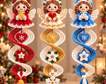 Crochet Christmas Angel Spiral Hanging Pattern, Angel Ornament Trio PDF, Christmas Hanging Decor, Holiday Crochet Decoration