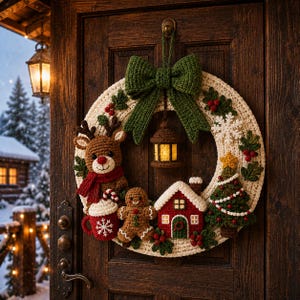 May include: A cream-colored crocheted wreath featuring a large green bow at the top, a brown reindeer with a red scarf, a red mug with a snowflake, a gingerbread person, a red and white house, a green Christmas tree, and a small lantern.