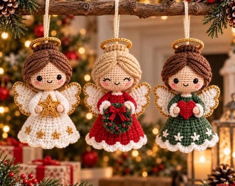 May include: Three crocheted angel ornaments hanging from a branch. The left angel wears a white dress with gold stars and holds a gold star. The center angel wears a red dress and holds a wreath. The right angel wears a green dress and holds a red heart.