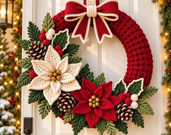 Crochet Christmas Wreath Pattern PDF, Poinsettia Door Wreath with Bow, Holiday Floral Wall Hanging, Christmas Home Decor DIY