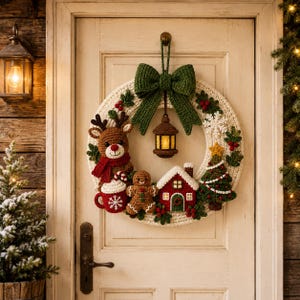 May include: A circular cream-colored crochet wreath featuring a large dark green bow at the top. The wreath is decorated with a brown reindeer, a gingerbread person, a red house, a Christmas tree, a red mug, and a hanging brown lantern.