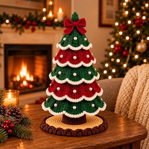 May include: A crocheted Christmas tree decoration featuring alternating tiers of dark green and deep red yarn with scalloped white edges. The tree is adorned with small white pearl-like beads and topped with a red crocheted bow on a tan base.