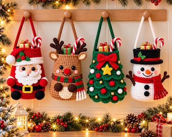 Christmas Gift Bag Crochet Pattern PDF, Santa Reindeer Snowman Christmas Tree Hanging Basket, Holiday Crochet Decor