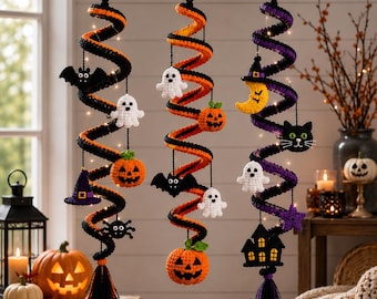 Halloween Crochet Spiral Pattern PDF, Ghost Pumpkin Bat Witch Hanging Decor, Wind Spinner Ornament, Spooky Amigurumi Pattern