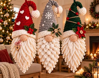 Crochet Christmas Gnome Pattern PDF, Gnome Ornament Pattern, Christmas Tree Decor, Crochet Gnome Hanging Ornament, Holiday Crochet