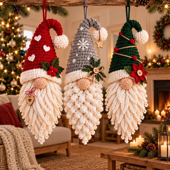 Crochet Christmas Gnome Pattern PDF, Gnome Ornament Pattern, Christmas Tree Decor, Crochet Gnome Hanging Ornament, Holiday Crochet