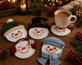 Haakpatroon voor een sneeuwpop (PDF), patroon voor kerstonderzetters, gehaakt sneeuwpopgezicht, patroon voor winterdecoratie, gehaakt kerstcadeau