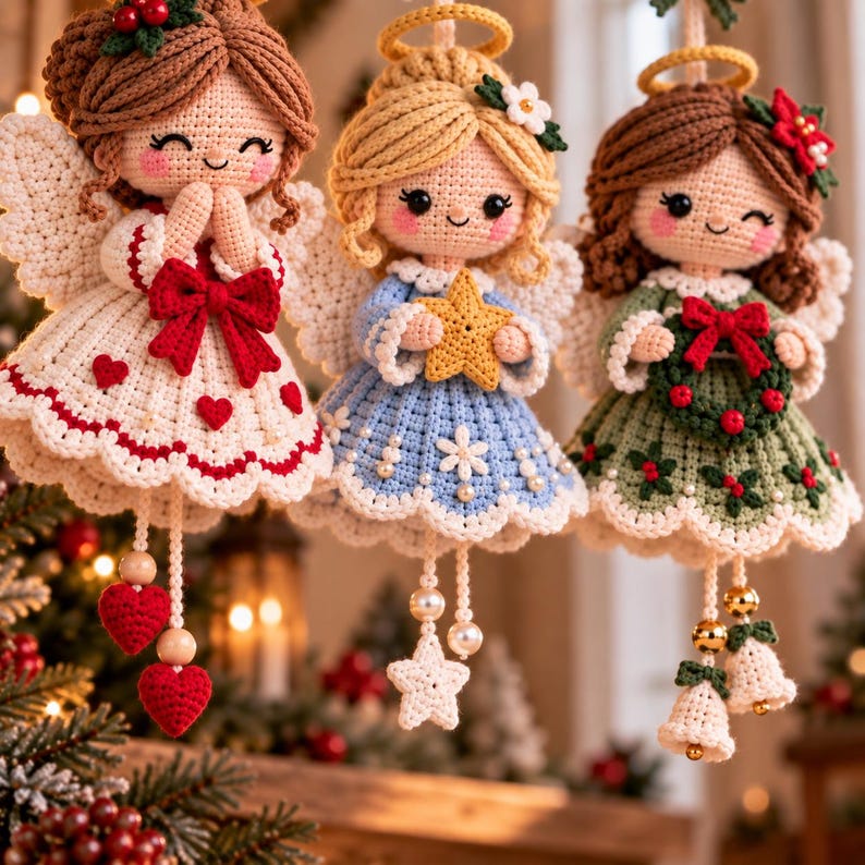 May include: Three crocheted angel ornaments with yarn hair, halos, and wings. The left angel wears a white dress with red hearts and bows. The center angel wears a blue dress with a yellow star. The right angel wears a green dress with a wreath.