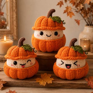 Puede incluir: Tres figuras de calabaza tejidas a ganchillo con partes superiores e inferiores acanaladas de color naranja, con caras de color crema, ojos negros bordados, mejillas rosadas y expresiones únicas. Cada calabaza tiene un tallo marrón y una hoja verde.