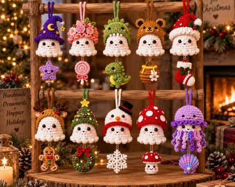 May include: A collection of ten crocheted ghost ornaments hanging on a wooden stand. Each ghost features a unique hat or accessory, including a wizard hat, flower crown, dinosaur hood, bear ears, Santa hat, reindeer antlers, Christmas tree, snowman, mushroom, and jellyfish.
