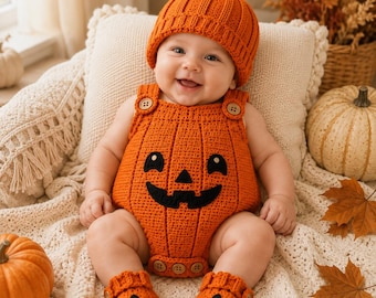 Crochet Pumpkin Baby Romper Pattern, Halloween Baby Set PDF, Pumpkin Beanie & Booties Pattern, Baby Crochet Pattern