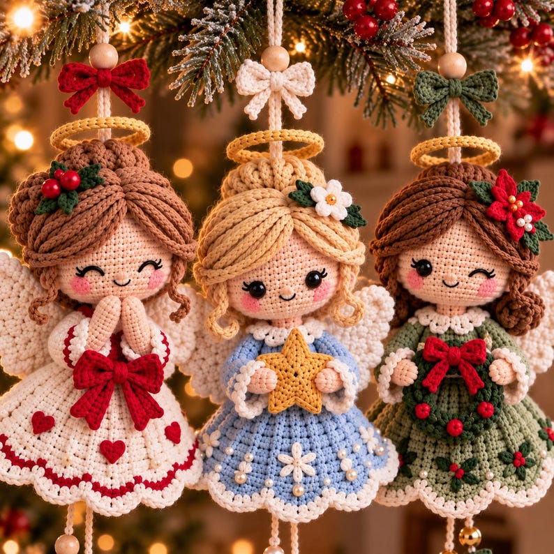 May include: Three crocheted angel ornaments hanging from strings. The left angel wears a white dress with red hearts and a red bow. The center angel wears a blue dress with a yellow star. The right angel wears a green dress with a wreath.