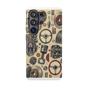 May include: A smartphone case featuring a detailed technical illustration of automotive parts including steering wheels, pistons, brake rotors, gears, a spark plug, and a tire tread pattern against a light beige background with grid lines.
