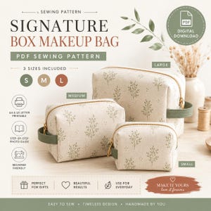 Può includere: Un cartamodello PDF digitale per una trousse rettangolare in tre dimensioni: piccola, media e grande. Le trousse sono beige con una stampa botanica verde, cerniere dorate e manici laterali verdi. Il testo include "Signature Box Makeup Bag" e "3 Sizes Included".