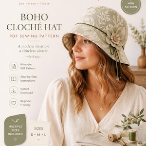 Pode incluir: Um chapéu cloche verde sálvia com estampa botânica branca, apresentando uma flor de tecido com um botão de madeira no centro. O texto diz WZ DIGITAL STORE, BOHO CLOCHE HAT, PDF SEWING PATTERN, A modern twist on a timeless classic, e S M L.