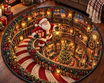 Okrągły dywanik świąteczny 3D Santa: mata podłogowa do warsztatu z iluzją optyczną Bieguna Północnego, prezent świąteczny