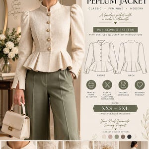 May include: A digital sewing pattern for The Rosalie Peplum Jacket, featuring a cream-colored textured jacket with a stand collar, puff sleeves, and a peplum waist. The pattern includes detailed instructions, sizes XXS to 5XL, and illustrations of the front and back views for home printing.