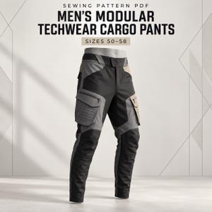 Puede incluir: Un patrón de costura PDF para pantalones cargo técnicos modulares en tallas 50-58. Los pantalones son negros y grises con detalles en beige, con múltiples bolsillos con cremallera, cintura estructurada y diseño de paneles con correas.