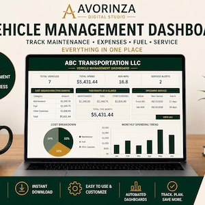May include: A laptop screen displaying a vehicle management dashboard for ABC Transportation LLC, featuring data tables, a pie chart, and a bar graph. The interface includes sections for maintenance, fuel, and expenses, with a dark green and gold color scheme.