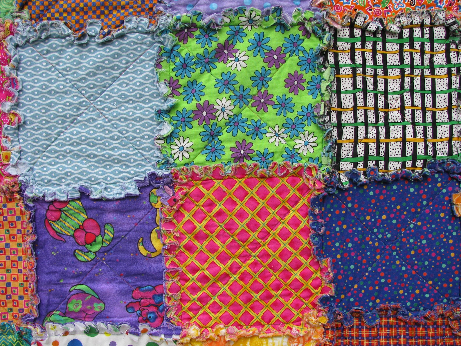Colorful Rag Quilt Bright Quilted Over Sized Frayed Patchwork Etsy