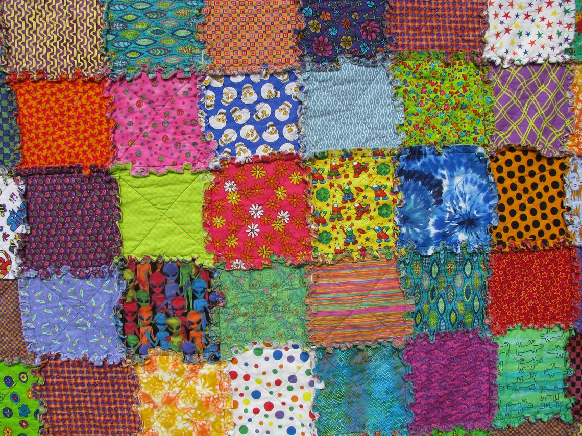 Colorful Rag Quilt Bright Quilted Over Sized Frayed Patchwork Etsy