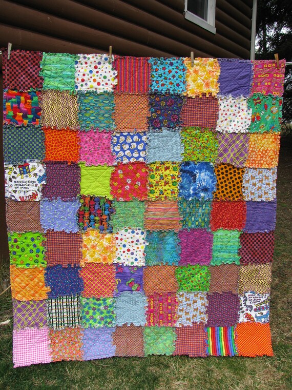 Colorful Rag Quilt Bright Quilted Over Sized Frayed Patchwork Etsy