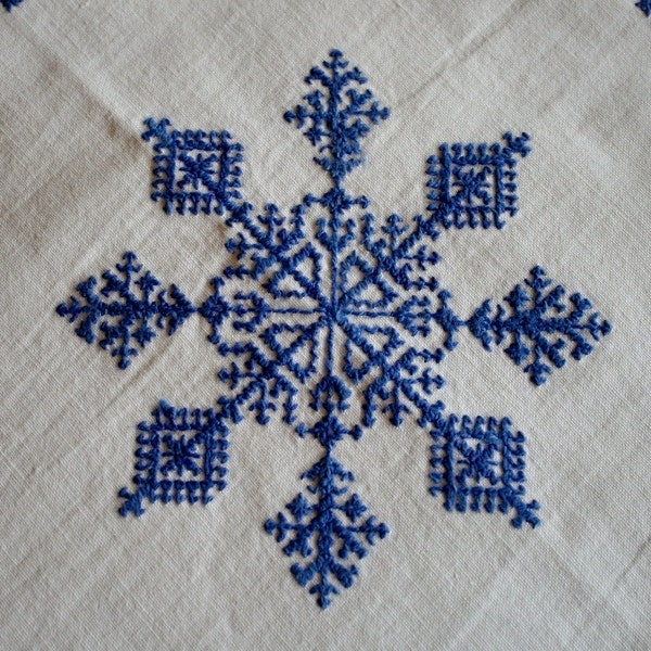 Blue Snowflake Cross Stitched Vintage Embroidered Small Table Cloth