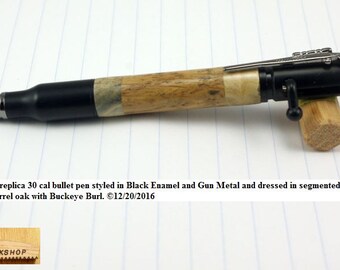 Bolt Action Pen Black Enamel Bullet Pen 30 cal pen Gun Metal Parker Pen Jim Beam Barrel Stave Oak with Buckeye Burl Handmade Pen