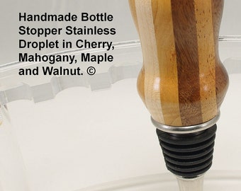 Wine Bottle Stopper Stainless Bottle Stopper Droplet Handmade  in Four Woods