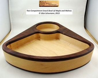 Two Compartment Snack Bowl Handmade in Walnut over Maple