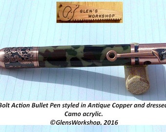 Deer Hunters Pen Bolt Action Pen 30 cal Pen Antique Copper Bullet Pen Woodland Camo Outdoors Pen