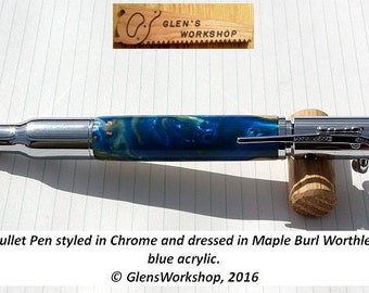 Bolt Action Bullet Pen Handmade Pen Chrome Maple Burl WorthlessWood Blue Acrylic