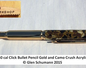 Bullet Pencil Handmade replica 30 cal Gold and Camo Crush