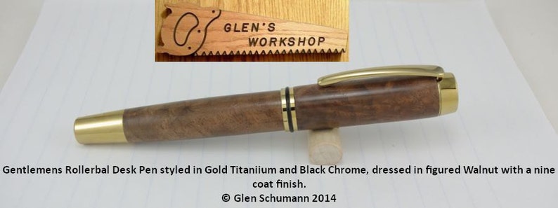 Rollerball Desk Pen Handmade Gold Titanium Luxury Pen Figured Walnut Gel Pen image 2