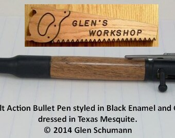 Bolt Action 30 cal Bullet Pen Black Enamel Gun Metal Texas Mesquite Handmade Parker Pen