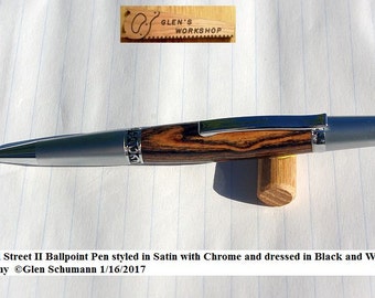 Ballpoint Pen Handmade Executive Pen Wall Street Pen Twist Pen Office Pen Satin and Chrome Black and White Ebony