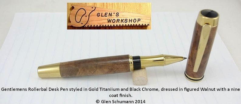 Rollerball Desk Pen Handmade Gold Titanium Luxury Pen Figured Walnut Gel Pen image 1