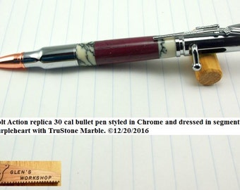 Bolt Action Bullet Pen Handmade Parker Pen Chrome Purpleheart TruStone Marble