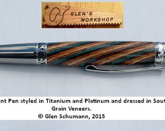 Ballpoint Pen Handmade Titanium and Platinum Southwest Color Grain Veneers