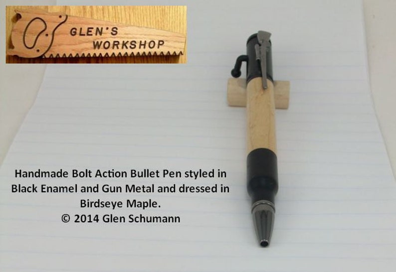 Bolt Action Bullet Pen 30 cal Parker Pen Blk Enamel Gun Metal Birdseye Maple Handmade Pen image 4
