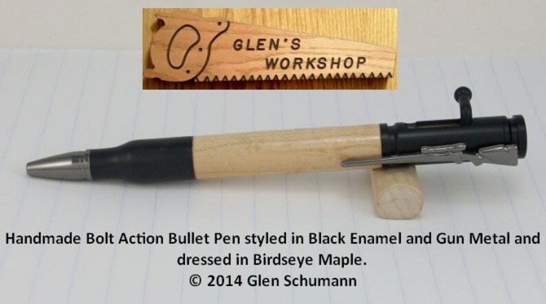 Bolt Action Bullet Pen 30 cal Parker Pen Blk Enamel Gun Metal Birdseye Maple Handmade Pen image 3
