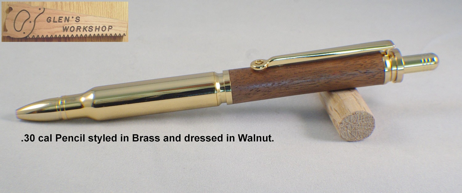 30 Cal Replica Bullet Pencil Handmade Mechanical Pencil Gold and Walnut