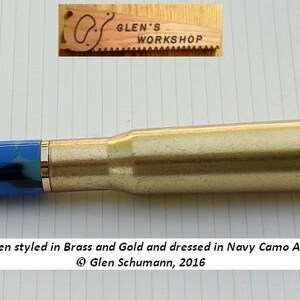 50 cal Bullet Pen brass, Gold, Navy Camo Acrylic.