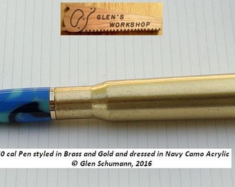 50 cal Bullet Pen brass, Gold, Navy Camo Acrylic.