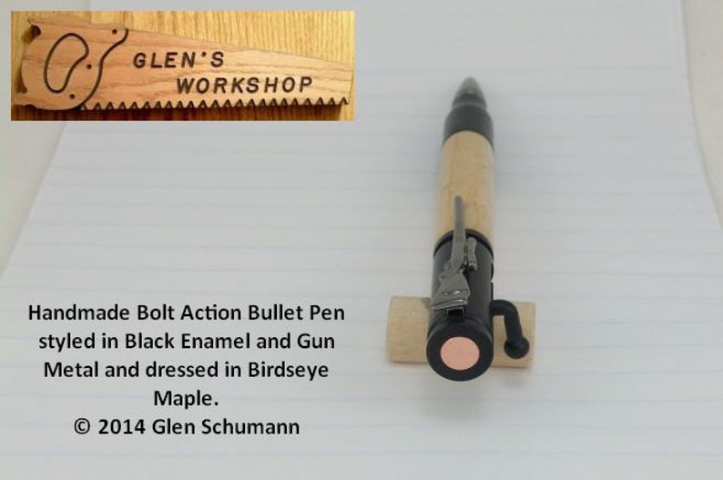 Bolt Action Bullet Pen 30 cal Parker Pen Blk Enamel Gun Metal Birdseye Maple Handmade Pen image 5