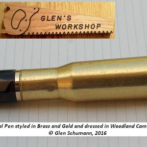 50 cal Bullet Pen brass, Gold Woodland Camo Acrylic.