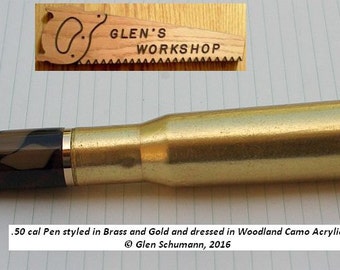 50 cal Bullet Pen brass, Gold Woodland Camo Acrylic.