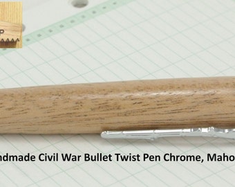 Civil War Bullet Pen Handmade Chrome, Mahogany