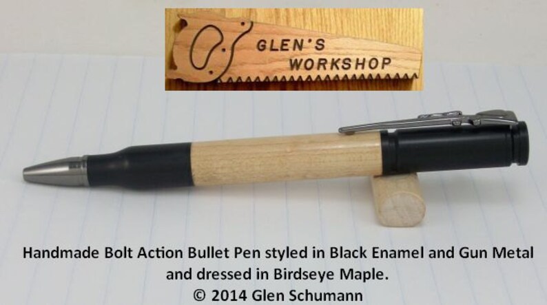 Bolt Action Bullet Pen 30 cal Parker Pen Blk Enamel Gun Metal Birdseye Maple Handmade Pen image 2