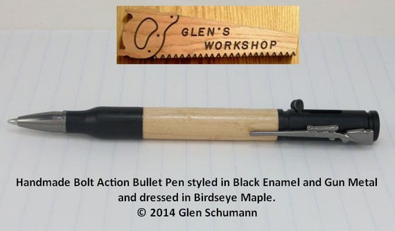Bolt Action Bullet Pen 30 cal  Parker Pen Blk Enamel Gun Metal Birdseye Maple Handmade Pen